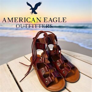 American Eagle Brown Lace Up Leather Gladiator Flat Sandals